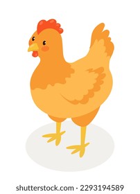 Isometric farm chicken concept. Brown henor cockerel with feathers and wings. Domestic animal and livestock. Farming and agriculture. Poster or banner for website. Cartoon vector illustration