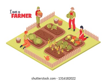 Isometric farm garden background composition with group of human characters in farmstead with plants and text vector illustration