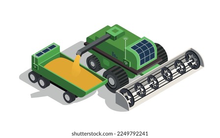 Isometric farm grain truck. Automation and innovation in farming. Processing and harvesting. Vehicles for collecting and storing wheat. Countryside and village. Cartoon 3d vector illustration