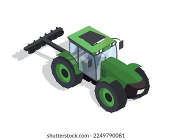 Isometric farm green tractor. Inventory for harvesting from fields and its transportation, logistic. Farming and agriculture, village. Graphic element for website. Cartoon 3d vector illustration