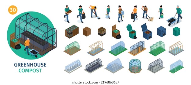 Isometric farm greenhouse compost set with text human characters of gardeners icons of containers and hothouses vector illustration