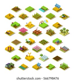 Isometric farm house building staff farming agriculture scene. 3D isometric farmer barley city map building icon logo set game tile collection farmland vector illustration