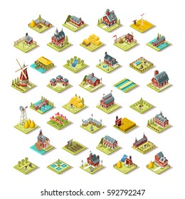 Isometric Farm House Building Stuff Farming Agriculture Scene 3D Icon Set Collection Vector Illustration