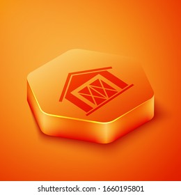 Isometric Farm house icon isolated on orange background. Orange hexagon button. Vector Illustration