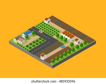 Isometric farm with the houses, streets and buildings. The three-dimensional top view of a rural landscape with nature and with the town