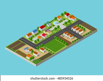 Isometric farm with houses, streets, and buildings. The three-dimensional top view of a rural landscape with nature and with the town 