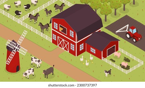 Isometric farm landscape. Beautiful panorama of countryside. Cows near windmill, pigs, horses and sheep in pens near barn. Cattle standing outdoor. Tractor on field. Cartoon vector illustration