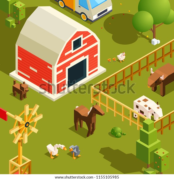 Isometric farm landscape. Village with\
various farm animals. Vector nature landscape with farm house and\
farming animal cow and chicken\
illustration