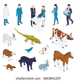 Isometric farm pet veterinary set of isolated icons and characters of wild domestic animals and people vector illustration