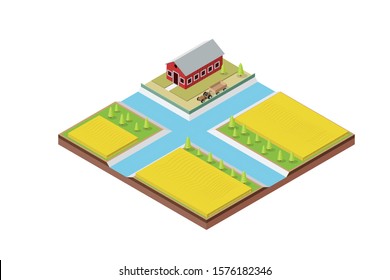 Isometric Farm with river, Building, Mill and Tractor. Rural Landscape for Game or App