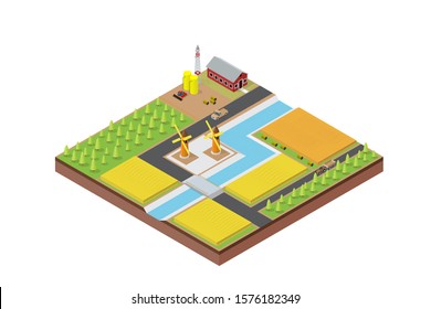 Isometric Farm with river, Building, Mill and Tractor. Rural Landscape for Game or App