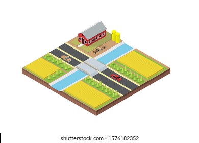 Isometric Farm with river, Building, Mill and Tractor. Rural Landscape for Game or App