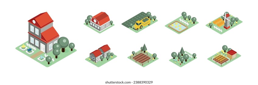 Isometric Farm and Rural Landscape with Barn House, Tractor, Field and Windmill Vector Set svg