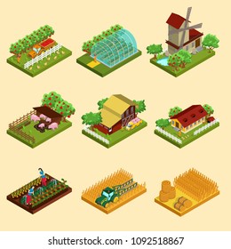 Isometric farm set with garden greenhouse mill animals barn farmers house hay tractor vegetable and wheat harvesting isolated vector illustration