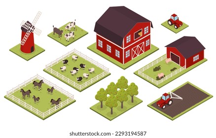 Isometric farm set. House, barn and pens with animals, windmill and field. Cattle, oats and horses and trees. Farming and agriculture. Cartoon 3D vector illustrations isolated on white background