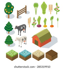 Isometric Farm in village. Elements for game: sprites and tile sets. tree, vegetables, farm building, cow. Vector flat illustrations