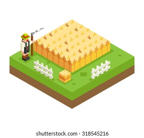 Isometric Farmer Scythe Wheat Field 3d Icon Symbol Meadow Background Flat Vector Illustration