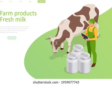 Isometric Farmer Is Working On The Organic Farm With Dairy Cows. Milk Produce Production Chain From A Dairy Farm, Fresh Milk.