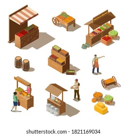 Isometric farmers market with grocery products. Vendors selling fresh healthy vegetables and fruits, narural honey and milk. Agricultural products on stalls. Harvest concept illustration on background