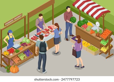 Isometric Farmers selling a Selection of Ecological Fruits and Vegetables at a Farmers Market. Vegetables fair food. Sellers and marketing