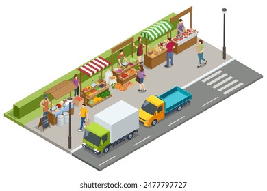 Isometric Farmers selling a Selection of Ecological Fruits and Vegetables at a Farmers Market. Vegetables fair food. Sellers and marketing