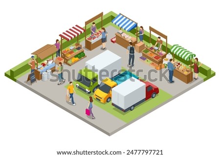Isometric Farmers selling a Selection of Ecological Fruits and Vegetables at a Farmers Market. Vegetables fair food. Sellers and marketing