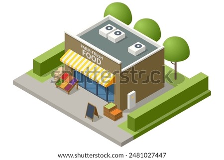 Isometric Farmers selling a Selection of Ecological Fruits and Vegetables at a Farmers Market. Vegetables fair food. Sellers and marketing, Shop and store building