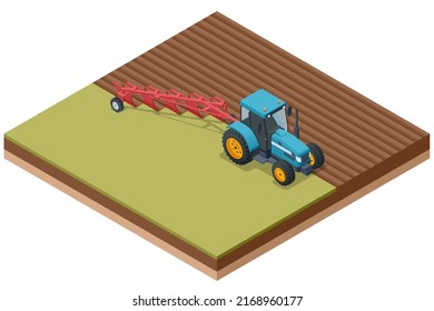 Isometric Farming plowing the field in spring. Farmer in agricultural tractor at work. Tractor ploughing field.