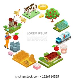 Isometric farming round concept with farmer cow pig chickens apple trees greenhouse milk truck cheese yogurt bales of hay house windmill vector illustration