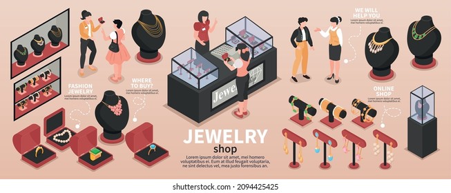 Isometric moda joyería infografías de la tienda con bienes y servicio al cliente Ilustración vectorial 3d