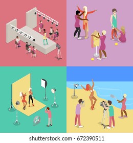 Isometric Fashion Show. Photographer Shooting Model in Studio. Beach Photo Session. Vector flat 3d illustration