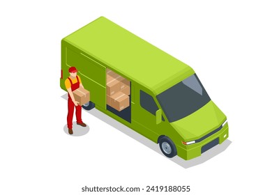 Isometric Fast delivery concept. Loading and unloading from warehouse. Warehouse Management, logistic process. Delivery truck