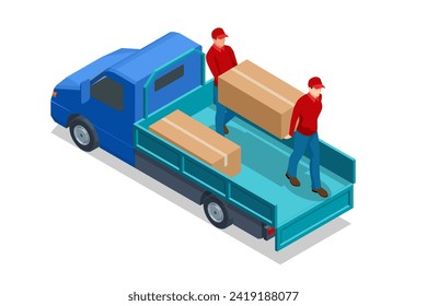 Isometric Fast delivery concept. Loading and unloading from warehouse. Warehouse Management, logistic process. Delivery truck