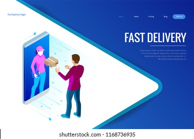 Isometric Fast Delivery Service, Online Delivery, Online Shopping, Finance Instrument web banner concept. Modern vector illustration foe website or lending