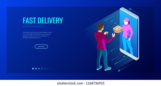 Isometric Fast Delivery Service, Online Delivery, Online Shopping, Finance Instrument web banner concept. Modern vector illustration foe website or lending