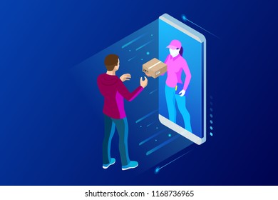 Isometric Fast Delivery Service, Online Delivery, Online Shopping, Finance Instrument web banner concept. Modern vector illustration foe website or lending
