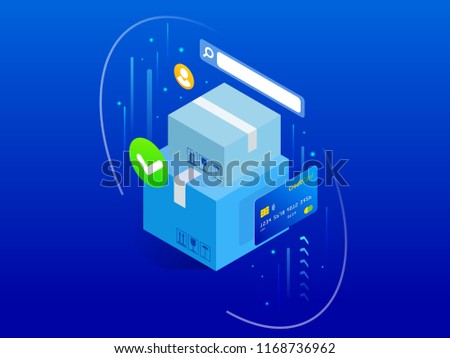 Isometric Fast Delivery Service, Online Delivery, Online Shopping, Finance Instrument web banner concept. Modern vector illustration foe website or lending