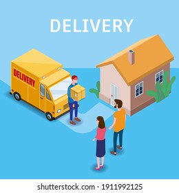 Rápido y entrega isométricos. Envío de mensajeros a una pareja de mujeres y hombres una caja de cartón. Envío gratuito, entrega de productos las 24 horas. Camión de camión de entrega, hogar, ilustración isométrica vectorial 3d
