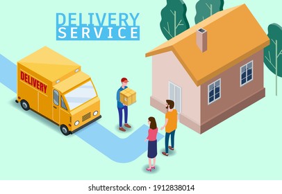 Isometric Fast Express and Delivery. Courier shipping to couple woman and man a cardboard box. Free shipping, product goods 24 hour delivery. Delivery truck van, home, 3d vector isometric illustration