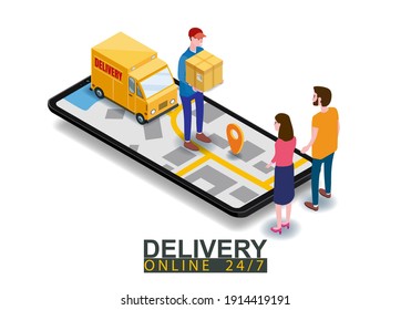 Isometric Fast Express and Delivery. Courier shipping to couple woman and man a cardboard box. Free shipping, product goods 24 hour delivery. Delivery truck van, smartphone, 3d vector isometric