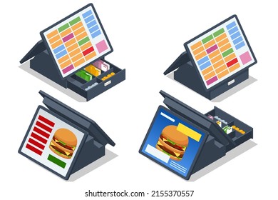 Isometric Fast food checkout terminal. Card payment terminal in fast food restaurant