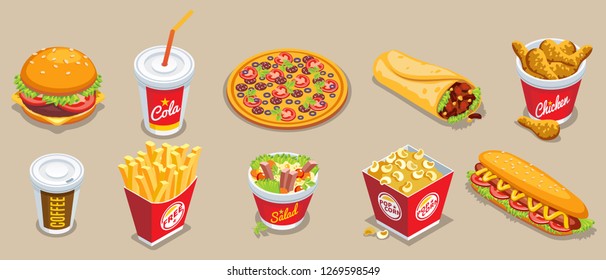 Isometric fast food collection with different products and drinks isolated vector illustration