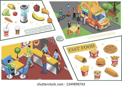 Isometric fast food colorful composition with juice truck fastfood cafe pizza french fries chicken legs sandwich burger vegetables fruits vector illustration