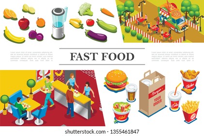 Isometric fast food composition with people eating in fastfood restaurant burger chicken legs french fries salad cola coffee fruits vegetables food truck vector illustration