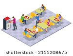 Isometric Fast Food Court Burger, Restaurant Interior, Catering, Shopping Mall