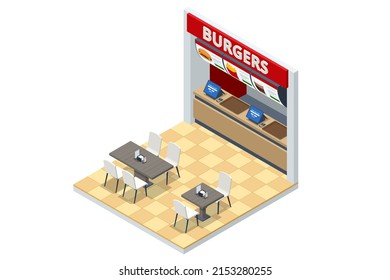 Isometric Fast Food Court Burger, Restaurant Interior, Catering, Shopping Mall