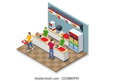 Isometric Fast Food Court Burger, Restaurant Interior, Catering, Shopping Mall, Fast Meal Sale Business, Takeaway Service