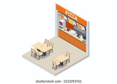 Isometric Fast Food Court Pizza, Restaurant Interior, Catering, Shopping Mall