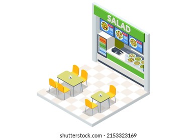 Isometric Fast Food Court Salad Bar, Fast Food Salad Bar, Restaurant Interior, Food Court, Cafeteria, Market Place Mall Food Stall, Kiosk