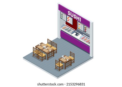 Isometric Fast Food Court Sushi, Restaurant Interior, Catering, Shopping Mall